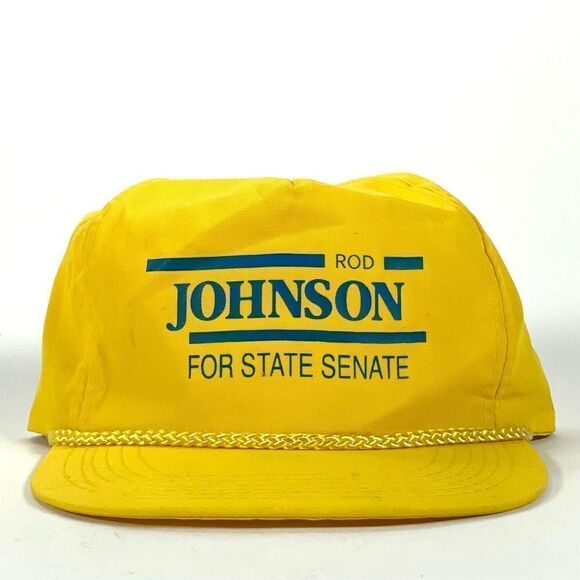 Vintage "Rod Johnson" Yellow Campaign Adjustable Strapback Trucker‎ Rope Hat - Picture 1 of 7
